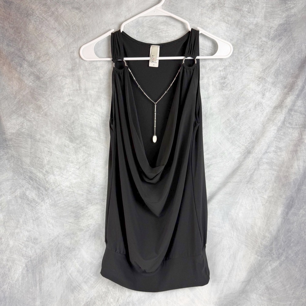 Kiwi Black Cowl Neck Sleeveless Top Silver Chain Hardware Banded Hem Medium Y2K
